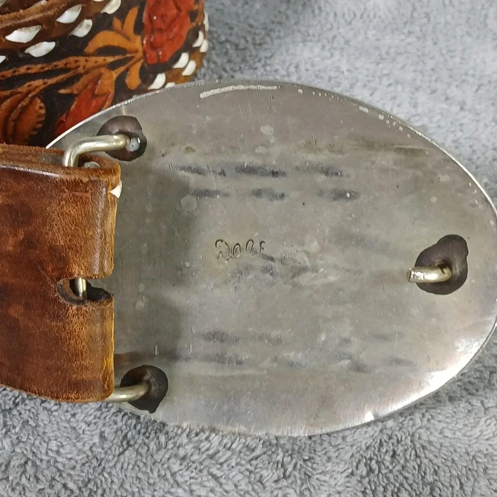Vintage Dale Western Belt & Buckle Mens Floral Tooled Leather Inlay Chip 